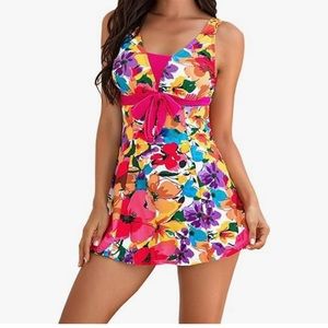 ECUPPER Womens One Piece Swim-dress with attached Boyshort - S